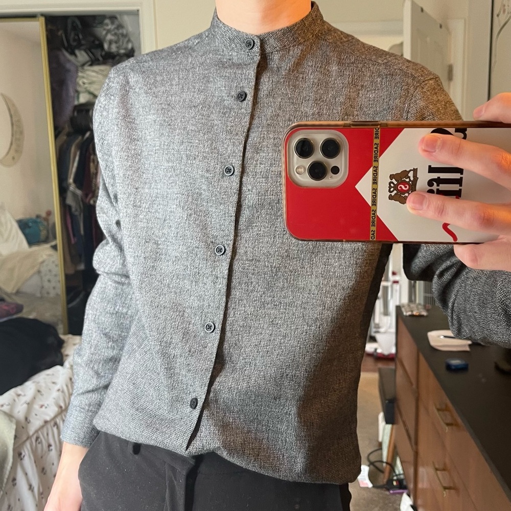 Skinny Fit Gray Granddad Collar Shirt